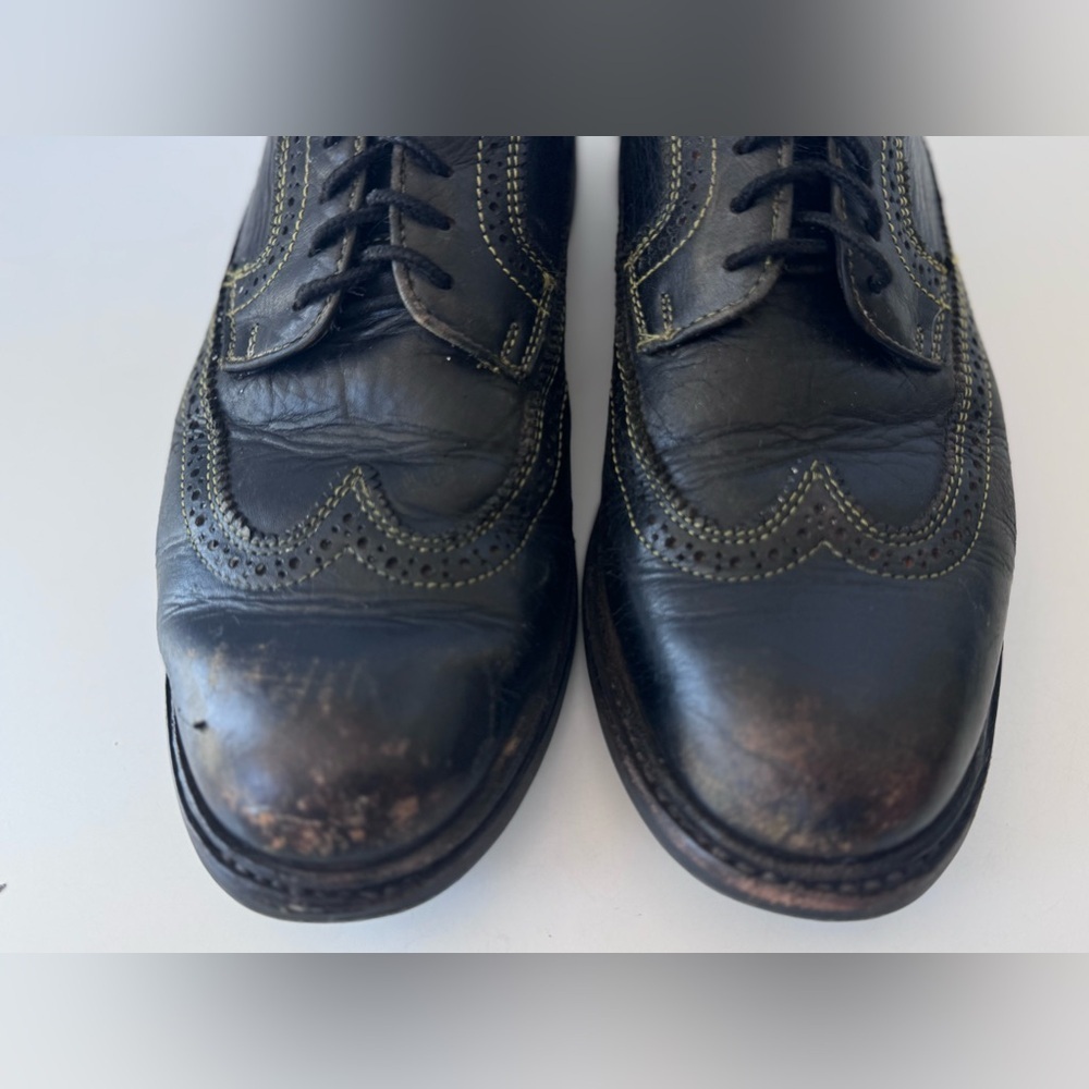 Frye Dark Distressed Lace Up Wingtip Yellow Stitching Oxford Shoes Women’s - Picture 4 of 12